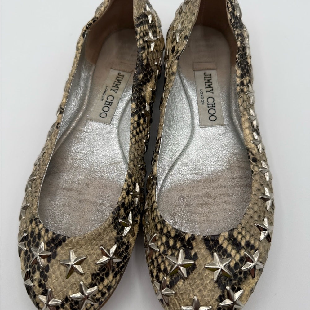 Jimmy Choo Beige Python Embossed Leather Windsor Star Embellished Ballet Flats - Picture 15 of 16